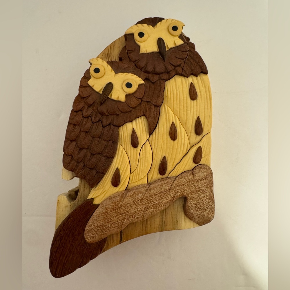 Carver Dan’s Owl Handcrafted Wooden Trinket Puzzle Box Interior Lined Vintage